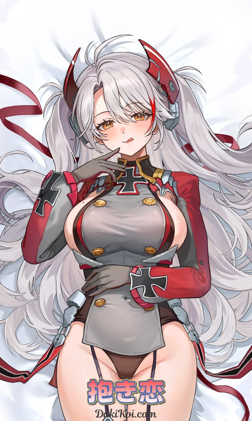Prinz Eugen in her classic Azur Lane uniform, lying gracefully with a gentle and charming expression.