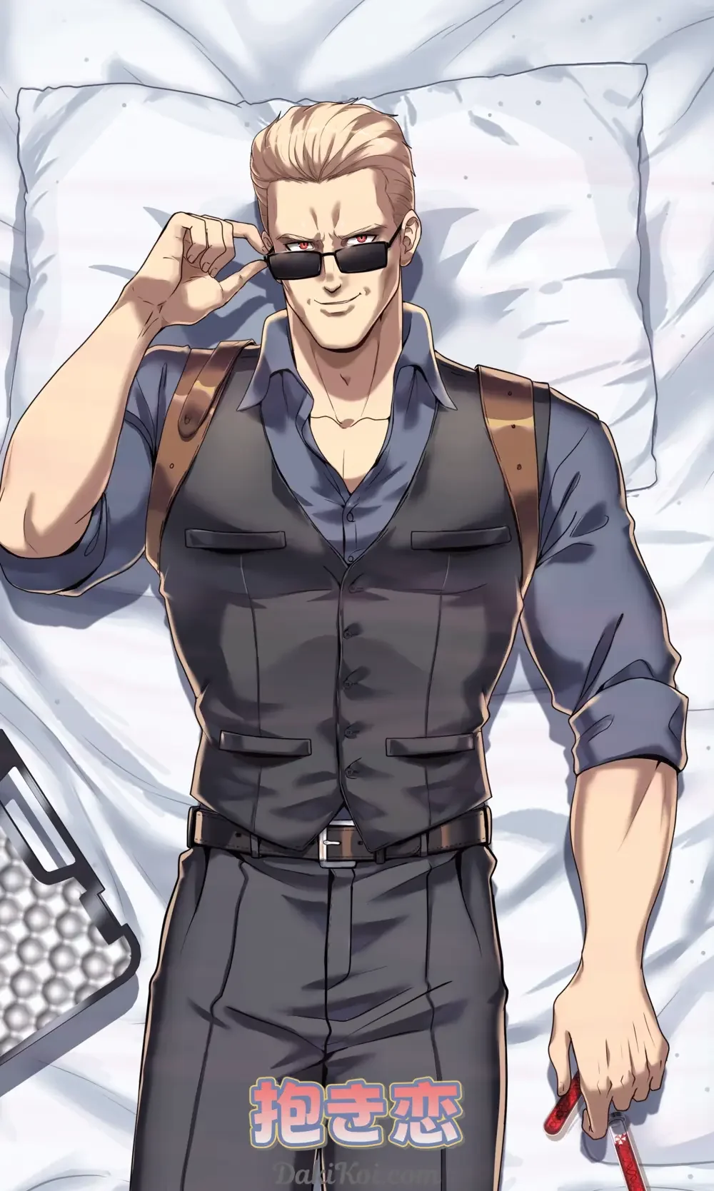 Albert Wesker RE4 Remake fanart dakimakura front — tactical attire, sunglasses, white bedding; NekoArtDBZ × DakiKoi partner design
