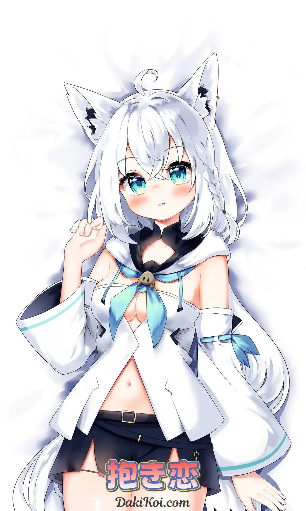 An adorable dakimakura cover featuring Shirakami Fubuki, the beloved fox VTuber from Hololive, in her signature outfit with a casual pose