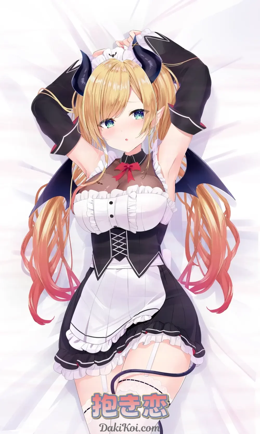 A seductive dakimakura cover featuring Yuzuki Choco from Hololive in her white lab coat with red lining and pink knit top, showcasing her devilish charm with demon horns and bat wings in a lying pose