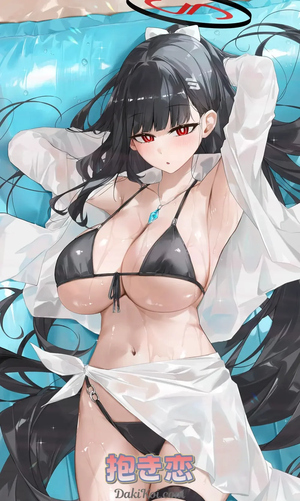 Tsukuyomi Rio from Blue Archive in a stylish black bikini with dripping wet skin by the pool, featuring her confident summer look with glistening appearance on this dakimakura