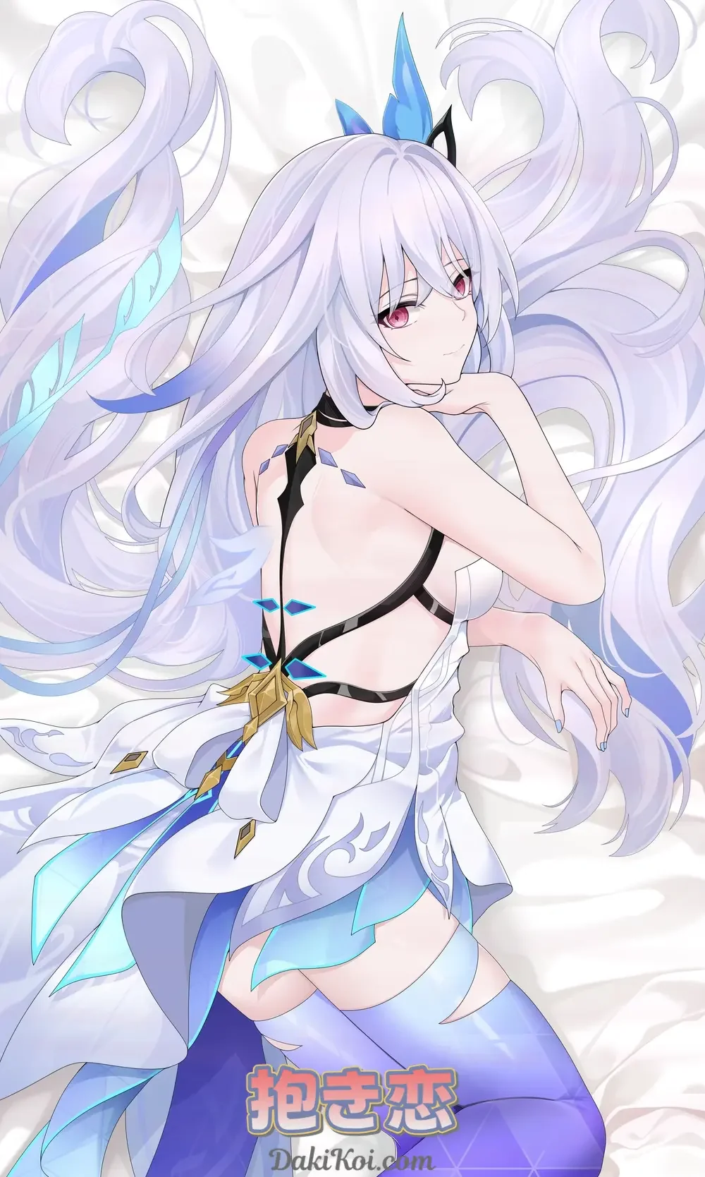A dakimakura cover featuring Skirk from Genshin Impact, back view with flowing silver-white hair and delicate crystal details