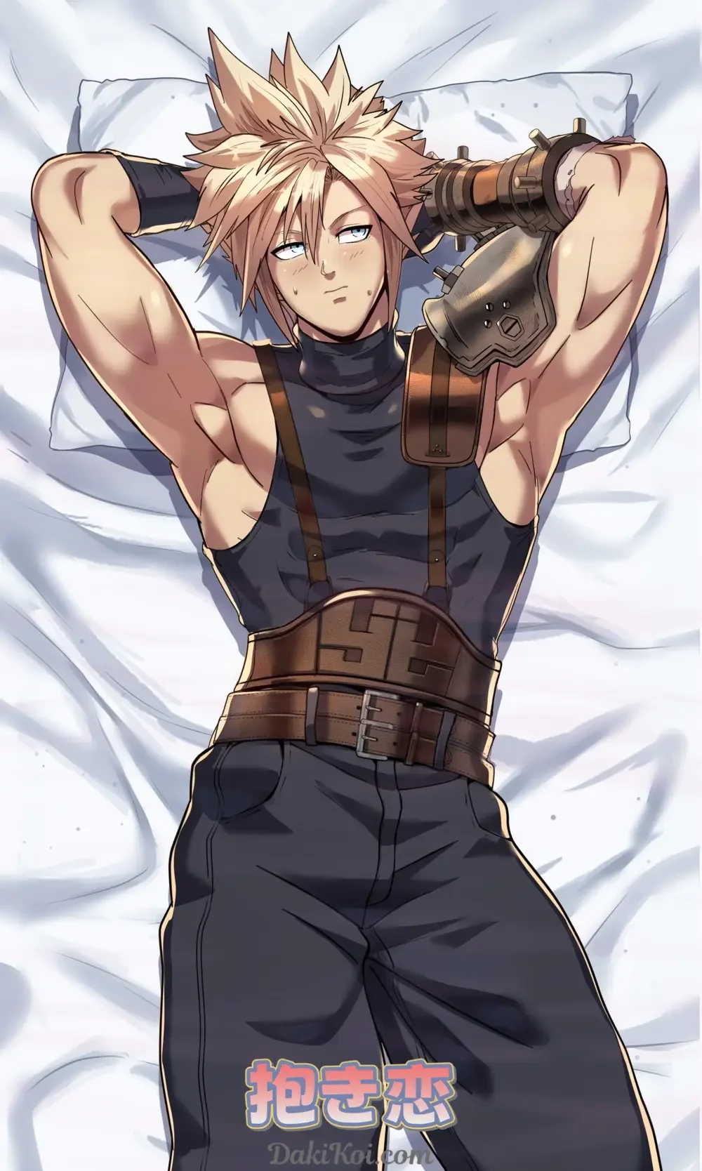A dakimakura cover featuring Cloud Strife from Final Fantasy VII Remake with his pauldron removed, revealing his bare shoulder and upper arm