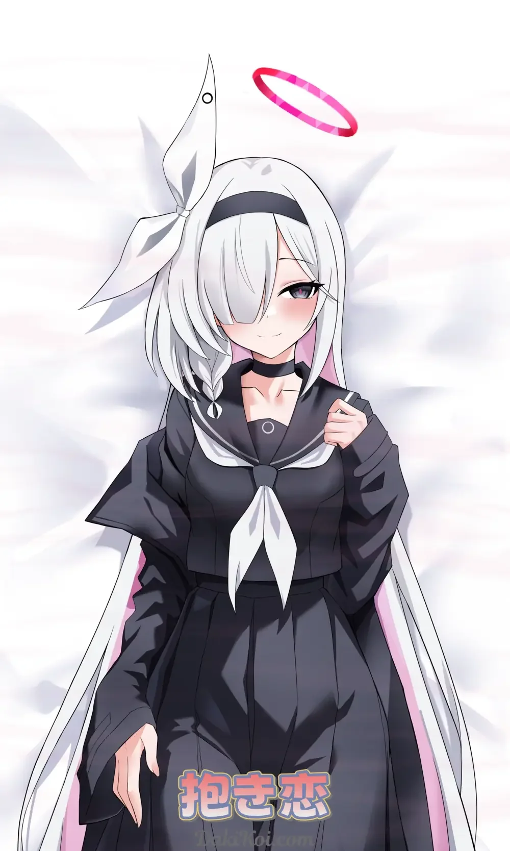 A playful dakimakura cover featuring Plana from Blue Archive in a cute white slip, tugging at the hem with a sly, teasing smile
