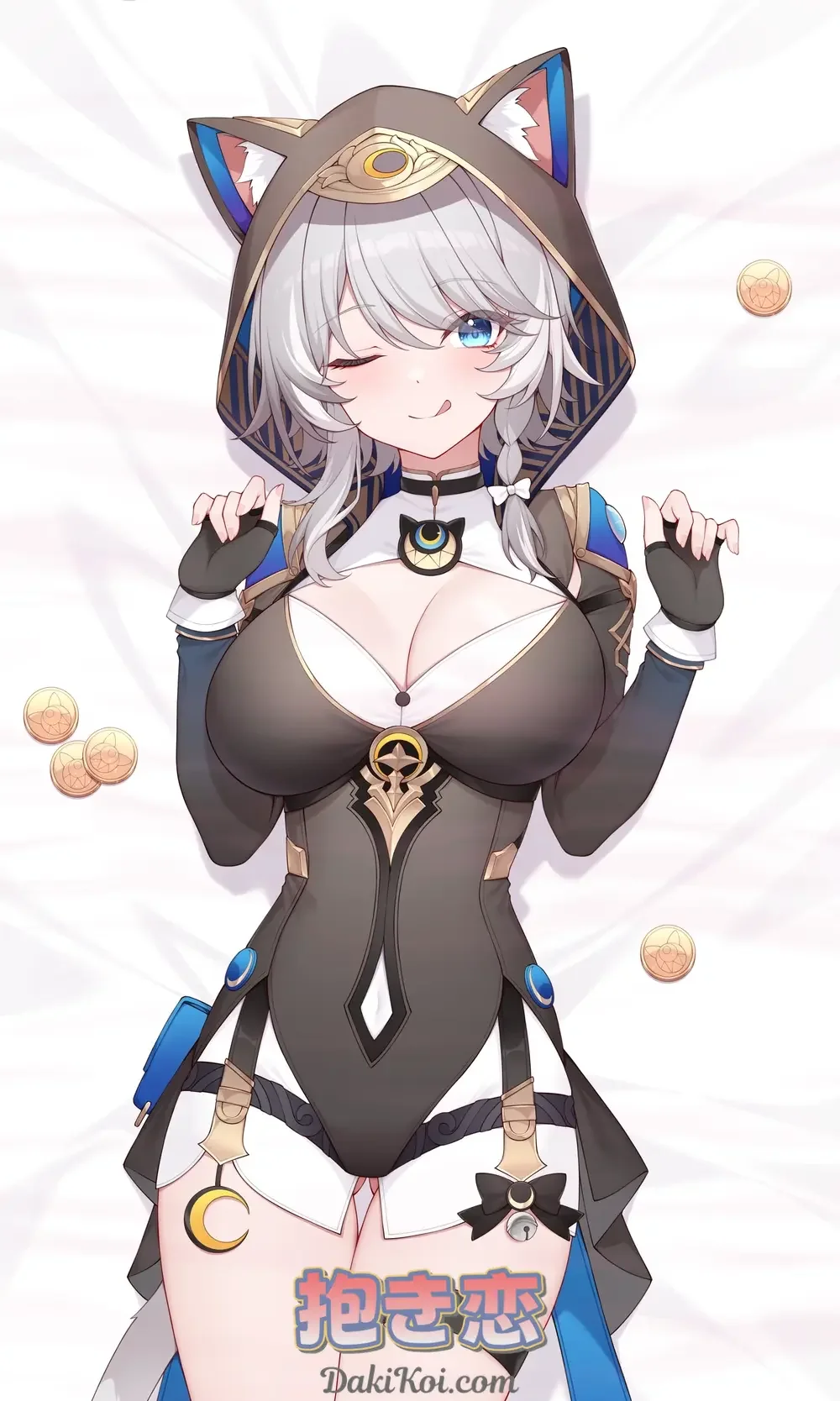 A captivating dakimakura cover featuring Cipher from Honkai: Star Rail in her mystical outfit with golden ornaments, showcasing her playful cat-like charm and trickster personality