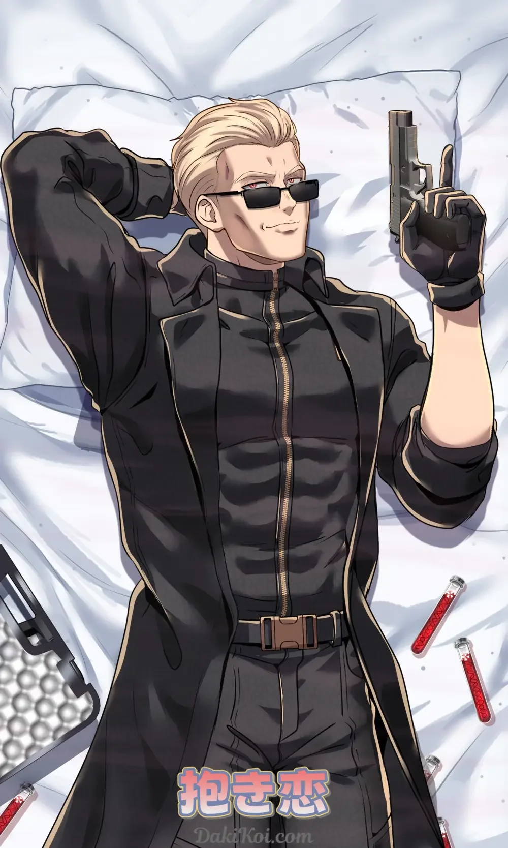 Undressed Albert Wesker RE5 fanart dakimakura front — tactical coat, sunglasses, white bedding; NekoArtDBZ × DakiKoi partner design
